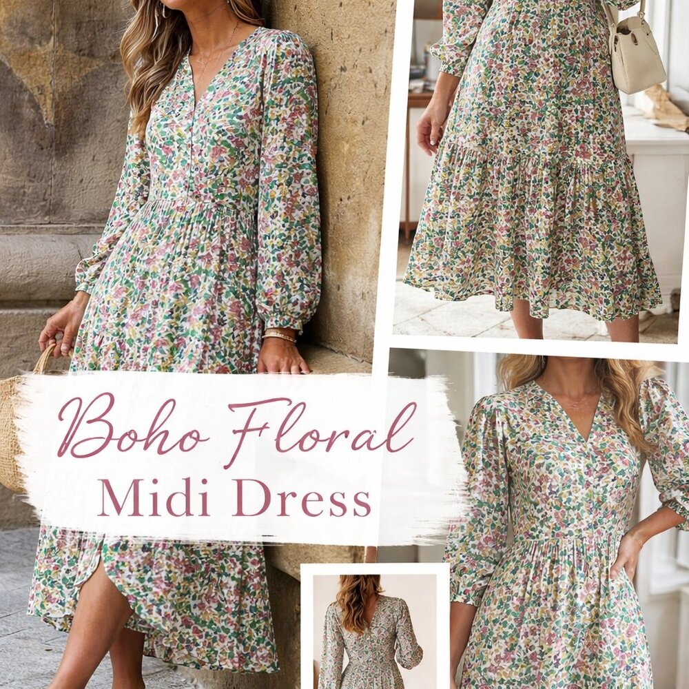 🌸 Boho Floral Puff Sleeve Midi Dress | Size S | NWT 🌸
